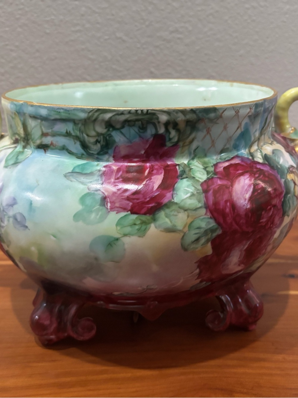 Limoges Porcelain Rose-Decorated Jardiniere in Pink, Green and Gold Trim